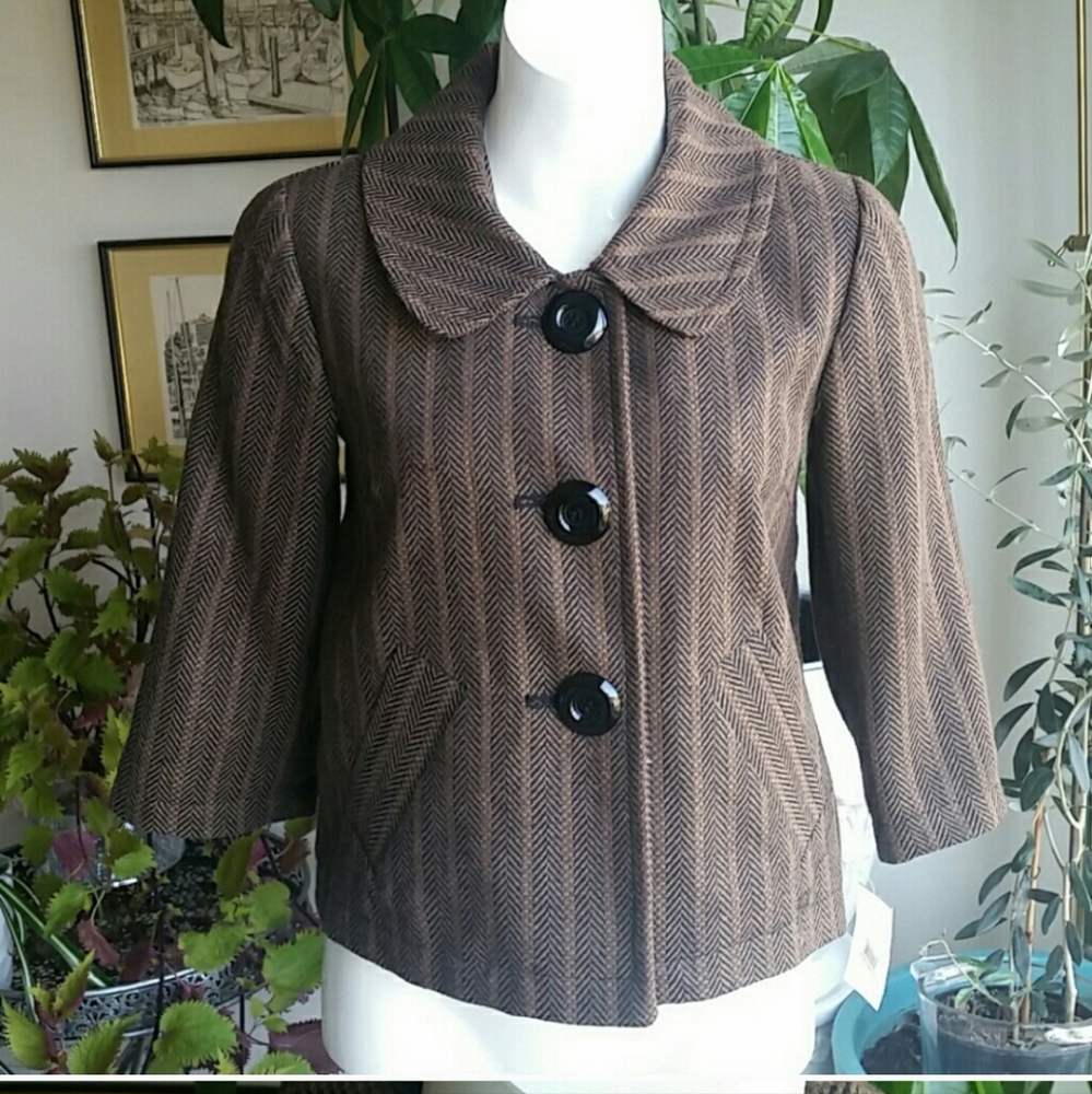 Nordstrom Ambition Brown  Herringbone Jacket 3/4 Sleeves Side Pocket Siz… - Picture 9 of 9